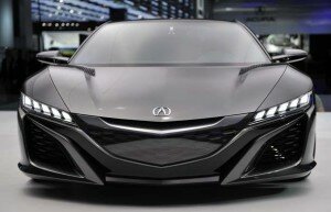 The Acura NSX concept vehicle is seen on display at Cobo Center during press preview days of the North American International Auto show in Detroit
